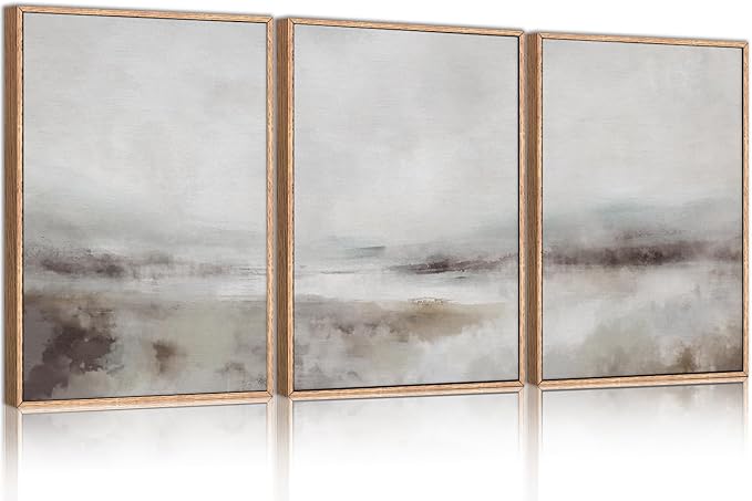 HLNIUC Large Abstract Neutral 3 Piece Wall Art Framed, Gray Lake Landscape Canvas Decor(24X36), Watercolor Smoky Mountain Wall Painting, Modern Minimalist Art Prints for Living Room, Bedroom, Office