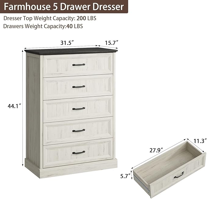 CARPETNAL Farmhouse 5 Drawers Dresser for Bedroom, 44" Tall White Dresser Wood Rustic Chest of Drawers with Wide Metal Handle,Natural Texture,Drawer Organizer for Bedroom,Living Room,Hallway