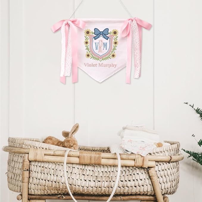 Embroidered Baby Name Sign with Bows Personalized Baby Announcement Sign Newborn Baby Banner Baby Hospital Name Sign Canvas Hanging Pennant Flag Custom Infant Baby Name Baby Shower Banner (14)