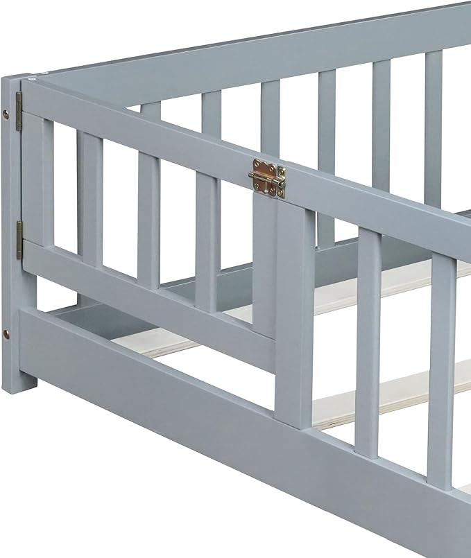 Queen Size Floor Bed Frame with Slats and Safety Guardrail, Wood Queen Size Montessori Floor Bed with Door and Fence, Easy Assemble Montessori Beds for Kids, Girls, Boys, Gray