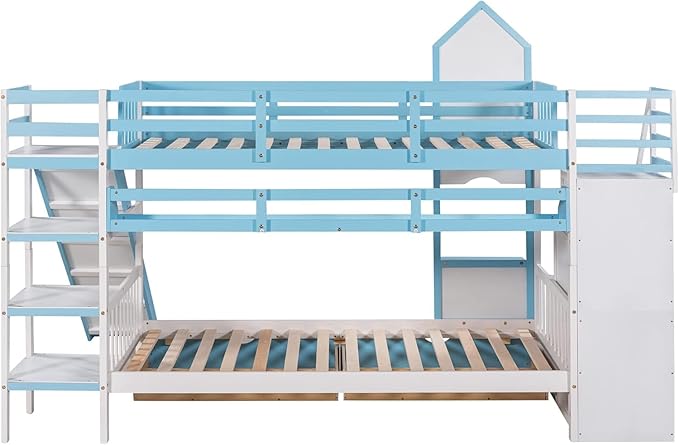 MERITLINE Twin Over Twin Castle Bunk Bed with Slide,Stairs and Drawers,Solid Wood Floor House Princess Bunk Bed with Storage Shelves (Blue)