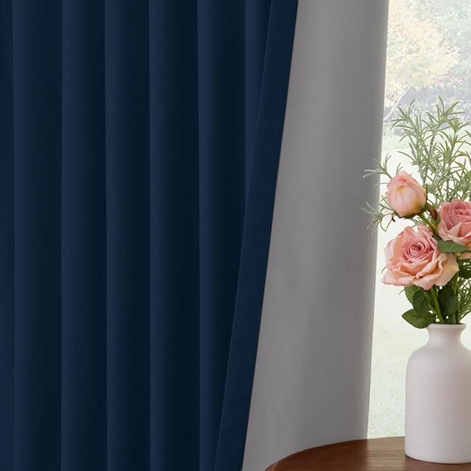 INOVADAY 100% Blackout Curtains for Bedroom, Black Out Curtains 84 Inch Long, Clip Rings Linen Blackout Drapes, Thermal Insulated Room Darkening for Living Room, 2 Panels - Midnight Blue,W50xL84