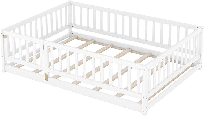 Full Size Floor Bed Frame with Door and Slats,Montessori Floor Bed with Safety Guardrails for Girls Boys,Solid Wood Kids Montessori Bed Full Size,White