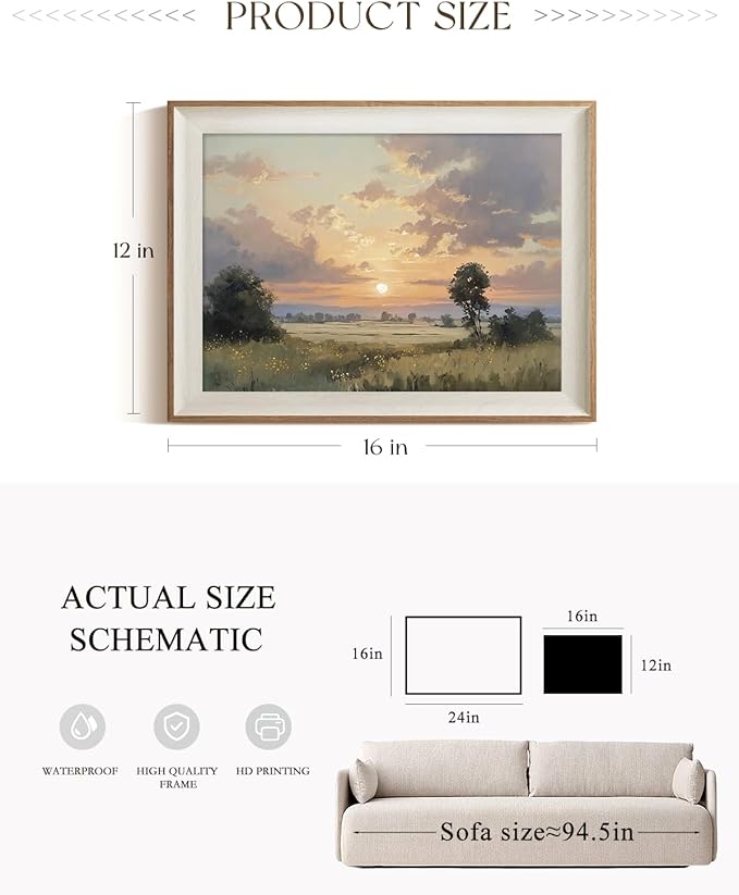 ARPEOTCY Framed Canvas Wall Art, 12x16 Inch Sunset Landscape Oil Painting Print, Rustic Countryside Wall Decor for Bedroom, Living Room, or Entryway, Vintage Horizontal Nature Artwork