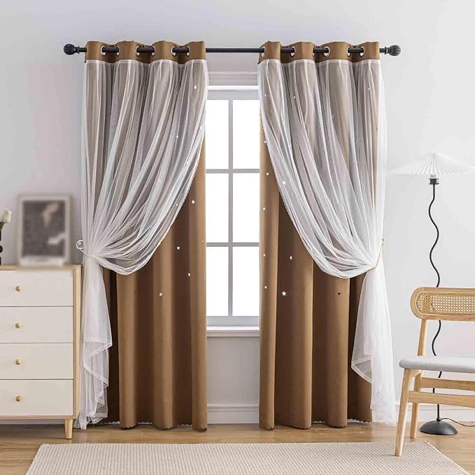 Anytime Romantic Kids Curtain,Hollow-Out Stars Window Curtain Double Layer Blackout Curtains for Girls Bedroom Kids Room 2Panel,(W52 x L95,Coffee)