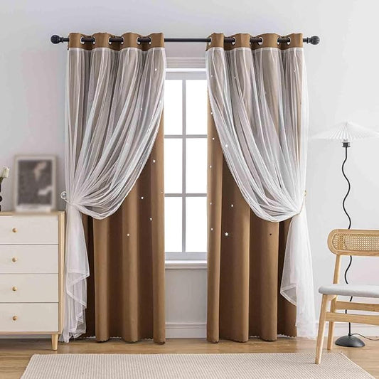 Anytime Romantic Kids Curtain,Hollow-Out Stars Window Curtain Double Layer Blackout Curtains for Girls Bedroom Kids Room 2Panel,(W52 x L95,Coffee)