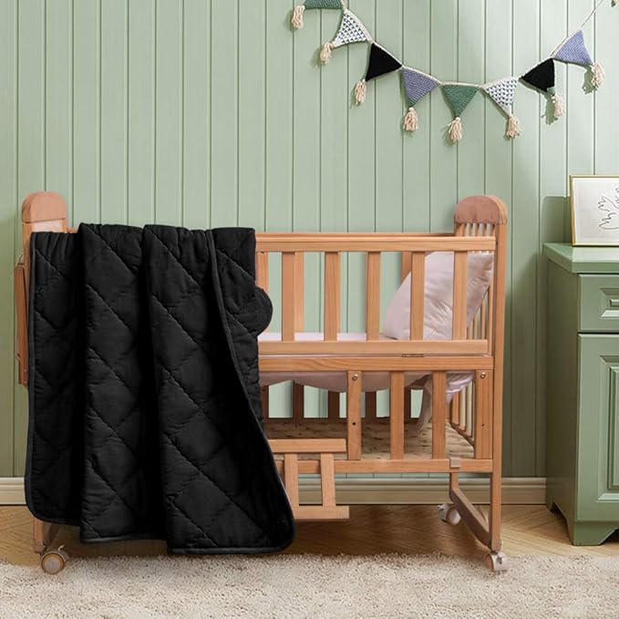 FLXXIE Machine Washable Microfiber Down Alternative Oversized Toddler Comforter, Super Soft and Lightweight Kids Crib Quilted Blanket for Stroller, Travel, 43x60 Inches, Black