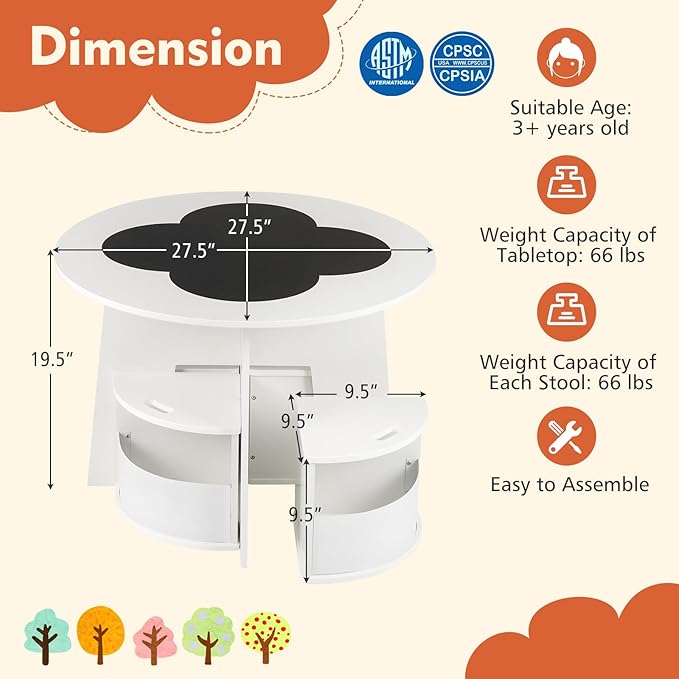 HONEY JOY White Kids Table and Chair Set, Children Activity Play Table with 4 Storage Stools for Art Craft, Nesting Design Toddler Table and Chair Set for Playroom, Daycare, Gift for Boys Girls