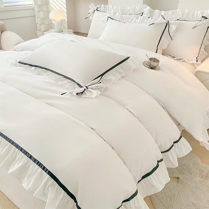 Ruffled Bedding Bow Duvet Cover Set with Butterfly Tie, Soft Brushed Microfiber Shabby Chic Bedding Set with Zipper Closure for Kids Girls-White,Twin