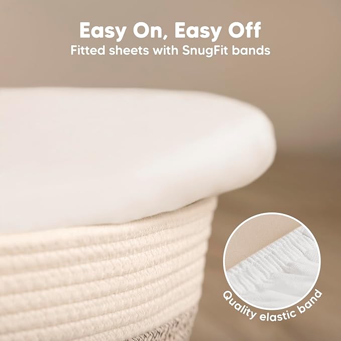 2-Pack Baby Bassinet Sheets Girl, Boy - 33x17 Viscose Derived from Bamboo Bedside Mattress Fitted Bassinet Sheets, Compatible with Halo Bassinest Swivel Sleeper, Baby Delight, Graco(Soft White)