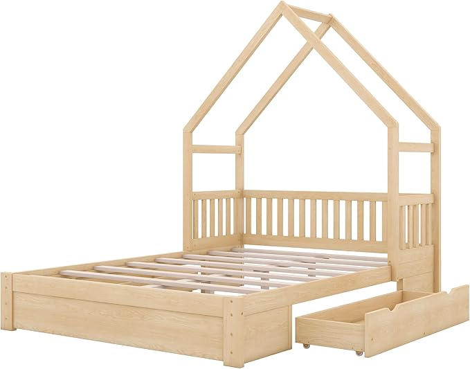Wood Queen Size House Platform Bed with Safety Fence, Montessori Platform Bed with House Shape Headboard and 2 Drawers for Kids Boys Girls, Sturdy Slats Support (Natural-Q)