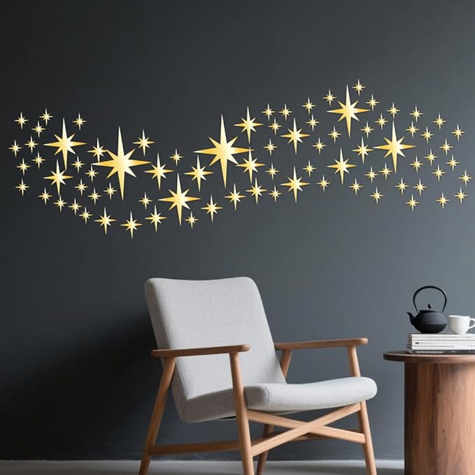 71 Pcs Gold Star Stickers, 3D Acrylic DIY Star Mirror Wall Stickers Decor, Removable Decals Art Self-Adhesive for Home Nursery Classroom Bedroom Interior Wallpaper Background Art Decor