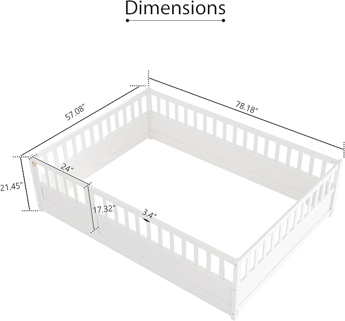KEIKI Full Kids Floor Bed, Montessori Kids Floor Bedframe with Fence & Door, Children's Wood Bed for Living Room, White