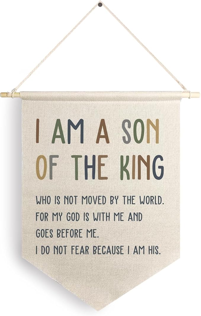 Qpenm I Am a Son of the King Hanging Wall Canvas Banner, Encourage Quote Hanging Pennant Flag Prints, Boys Bedroom Banner, Nursery Wall Hanging poster&prints