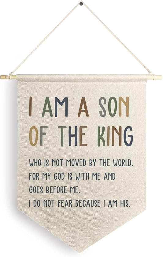 Qpenm I Am a Son of the King Hanging Wall Canvas Banner, Encourage Quote Hanging Pennant Flag Prints, Boys Bedroom Banner, Nursery Wall Hanging poster&prints