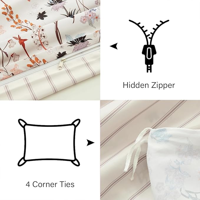 Floral Duvet Cover Full 3 Pieces Aesthetic Reversible Striped Bedding Set Farmhouse Botanical Flowers Design Soft Washed Microfibre,1 Beige Duvet Cover with 2 Pillowcases