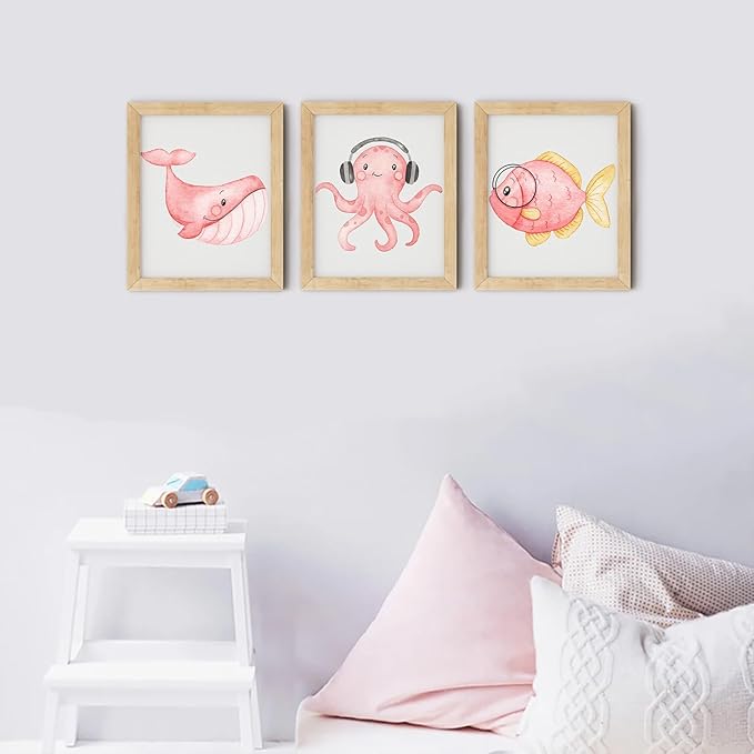 ZZJYYC Ocean Nursery Wall Art Pictures Pink Watercolor Nautical Canvas Art Poster Beach Animal Wall Decor Paintings Sea Whale Jellyfish Seahorse Prints for Baby Kids Room 8x10 Inch Set of 6 Unframed