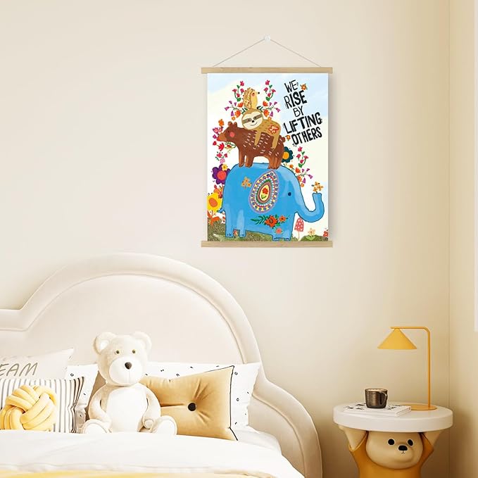 Qswo Inspirational Quotes Wall Decor for Kids,We Rise by Lifting Others Wall Art Poster Hanger Frame,Motivational Hanging Canvas Wall Decor for Kids Room Dorm Nursery