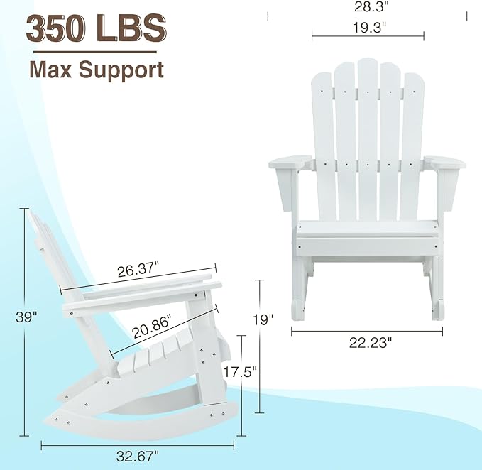 Psilvam Outdoor Adirondack Rocking Chair, Poly Lumber Porch Rocker with High Back, Patio Rocking Chair for Both Outdoor and Indoor (White)
