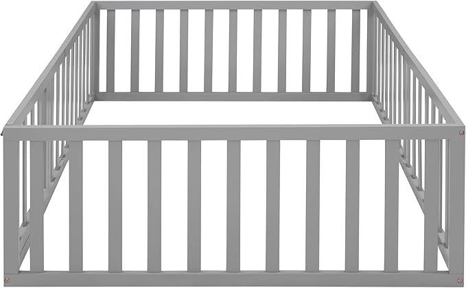 Merax Full Floor Bed with Safety Guardrails and Door, Wood Montessori Floor Bed Frame for Kids, Full Playhouse Bed Frame for Baby Girls and Boys, Grey