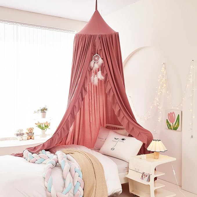 Mengersi Bed Canopy for Girls,Ruffled Canopy Bed Curtains Canopy for Girls Room,Hanging Canopy Princess Play Tent for Reading Nook Play Room Decor (JujubeRed)