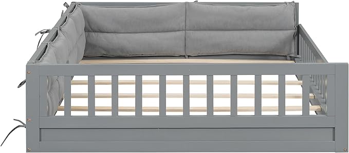 Full Size Upholstered Floor Bed with Guardrail, Montessori Platform Bed Frame for Kids and Toddlers, Wood Slat Support, No Box Spring Needed (Grey+ Solid Wood + MDF + Al)