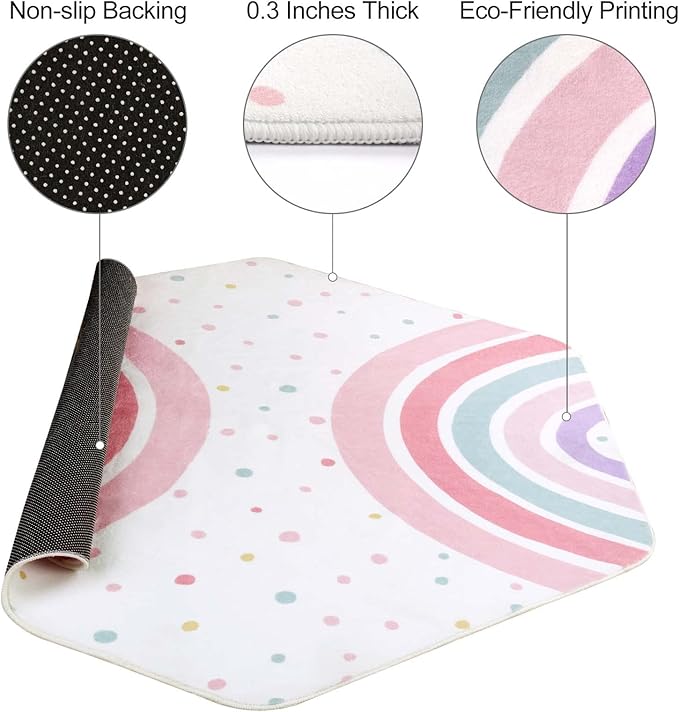 STARUIA Pink Rainbow Rug for Playroom, 55"x47" Washable Hexagon Kids Rug for Baby Girls Princess Tent Castle, Non-Slip Nursery Rugs Ultra Soft Play Carpet for Bedroom Classroom Dorm