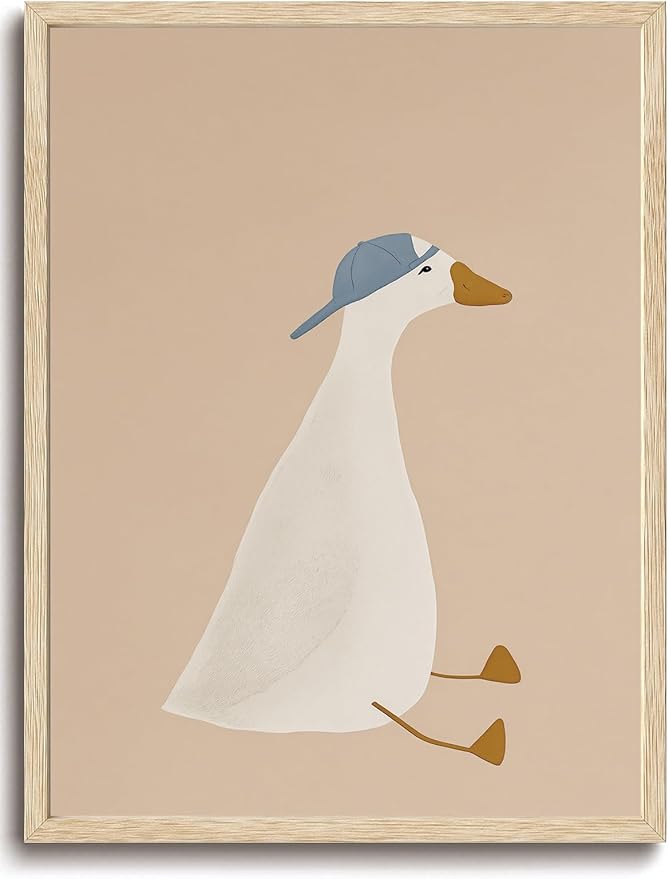 KISSFOX Framed Wall Art Nursery Wall Decor Cowboy Duck Pictures Kids Cute Animal Canvas Art Beige Boho Paintings Artwork For Children Boys Girls Room