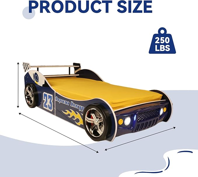 Race Car Twin Bed Frames for Kids, Wood Car-Shaped Bed Frame with Wheels LED Lights & Slat Support for Toddler, Teens, Boys or Girls (Race Car-Blue)