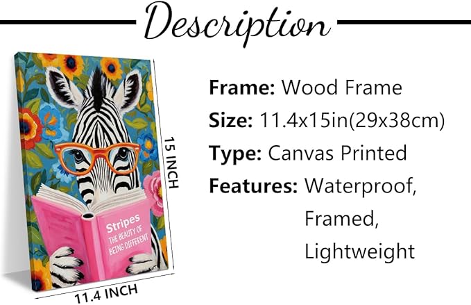 Whimsical Zebra Reading Book Art Print Literary Animal Book Lovers Gifts Wall Decor Canvas Wall Art Framed Artwork for Home Living Room Kitchen Office Decorations Paintings Pictures 11.5X14.5 Inch