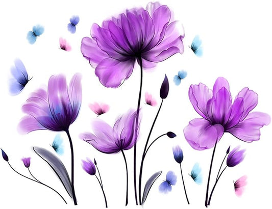 Tulip Wall Decals Flower and Colorful Butterfly Wall Sticker Purple Floral Art Wall Clings 25.2x35.43inch Removable DIY Vinyl Stickers for Living Room Bedroom TV Sofa Background Decoration