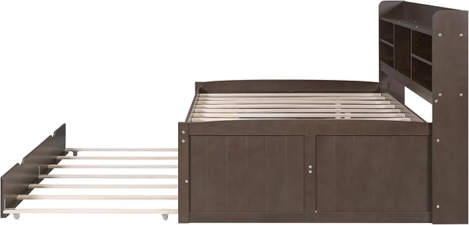 Harper & Bright Designs Full Size Captain Bed with Built-in Bookshelves/3 Storage Drawers/Trundle, Wooden Full Daybed Bed Frame for Kids Teens Dorm Bedroom Multipurpose Guest Room, Antique Gray