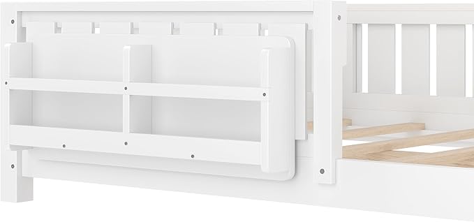 Bellemave Full Size Floor Bed with high Rails and with Built-in Bookshelf for Kids, Girls, Boys, Wood Montessori Floor Bed Without Door, White