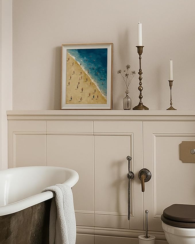 ARPEOTCY Framed Canvas Wall Art, 12x16 Inch Beach Scene Painting Print, Aerial Ocean View Coastal Wall Decor for Bathroom, Bedroom or Living Room, Summer Seaside Artwork