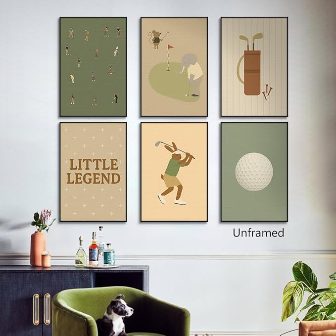 Golf Canvas Wall Art, Baby Boy Nursery Sports Posters, Animal Athletes Elephant Rabbit Pictures, Little Legend Charming Quote Print, Kids Bedroom Golf Course Wall Decor 8x12in Framed