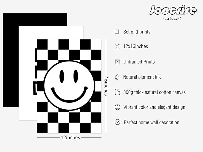 Boys Room Wall Art Decor Set of 3 Toddler Nursery Canvas Wall Art Baby Kids Wall Decor Black Checkered Smiley Poster Pictures Retro Playroom Rad Little Dud Art Prints for Bedroom 12x16 Inch Unframed