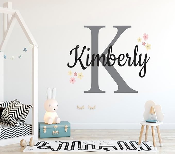 Custom Name and Initial Flower Wall Decals - Personalized Nursery Name Sticker for Girls - Vinyl Wall Art for Baby Room - Flowers Name Stickers Decor - Flower Mural Sticker for Girls Bedroom