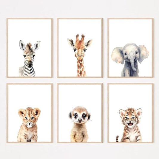 Wodkwq Nursery Wall Art Safari Animal Canvas Prints Baby Girl Boy Room Decor Poster Pictures Cute Jungle Theme Toddler Room Decoration Painting Set of 6 for Kids Bedroom Bathroom 12x16in Unframed