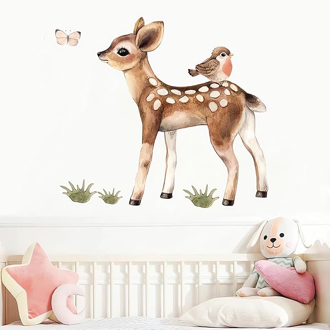 Cute Fawn and Bird Butterfly Deer Wall Stickers, sacinora Cartoon Jungle Animals Wall Decals Removable Vinyl Peel and Stick for Kids Baby Nursery Living Room Bedroom Children's Room Art Decorations