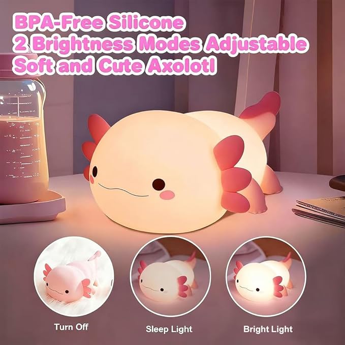 Cute Axolotl Night Light for Kids Bedroom, Animal Silicone Nursery Night Lamp Touch Control Nightlights USB Rechargeable Bedside Lamp for Baby Children Toddlers Girls Gift (Pink Axolotl)