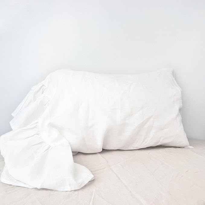 Ruffles Linen Pillowcase, Pure Flax Pillow Sham 100% French Linen Ruffled Pillow Cover, Standard, Queen, King Size 1 PCS (King, White)