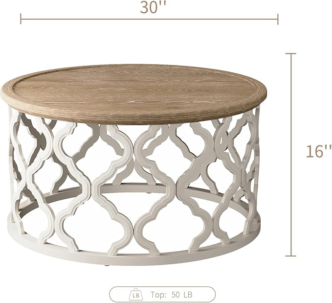 karlott Farmhouse Coffee Table, French Country Round Coffee Table with Distressed Tray Top, Coastal Coffee Table with Curved Motif Frame Base, Boho Coffee Table for Living Room, Dining Room, Bedroom