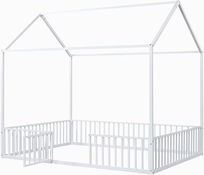 Bellemave Full Size House Bed for Kids, Montessori Floor Bed with Door, Metal House Bed with Door, Floor Bed for Kids, Montessori Floor Bed with Fence, White