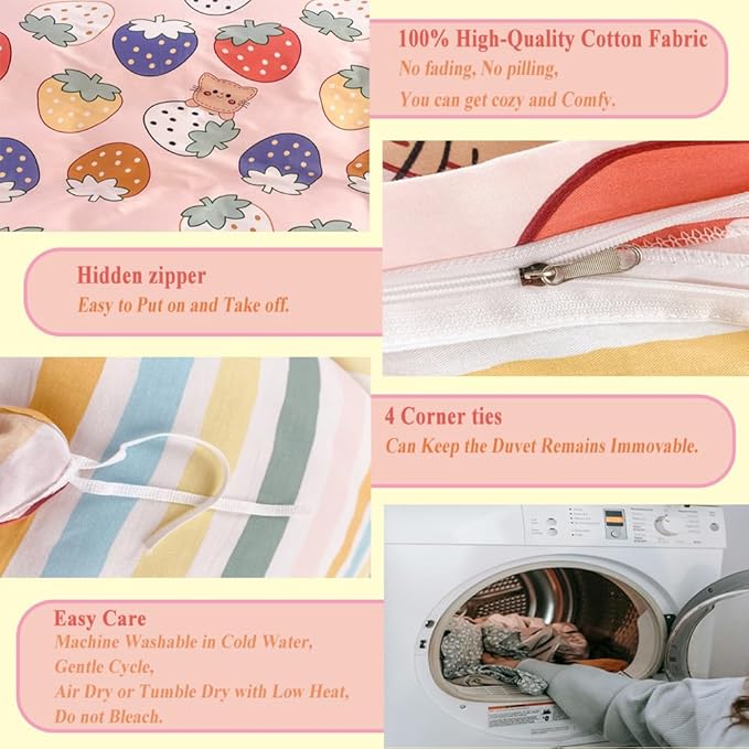 100% Cotton Kids Duvet Cover Set - Kawaii Cartoon Strawberry Bedding for Toddler Girls & Boys, Queen Size 3-Piece Breathable Soft Comforter Cover with Zipper Closure (Strawberry,Queen)