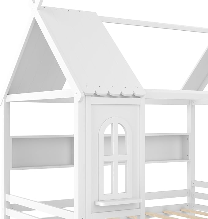 Full House Bed with Drawers and Window, Solid Wood House Platform Bed with Shelves, Full Bed Frame with House-shaped Roof for Kids, Boys, Girls, No Box Spring Needed and Childlike Design, White