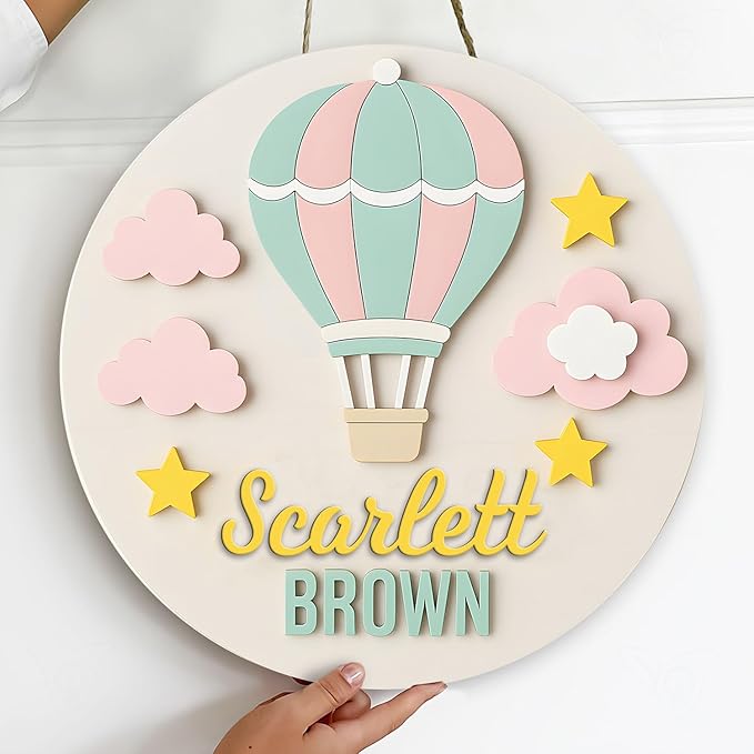 Personalized Wooden Name Sign Baby Decor – Custom Hot Air Balloon Wooden Plaque with Pastel Colors, Nursery Wall Hanging Name Sign for Baby Boys or Girls