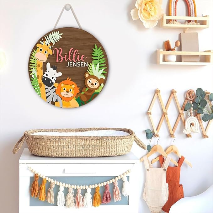 Wooden Safari Animal Name Sign – Personalized Door Hanger with Giraffe, Zebra, Monkey – Nursery Wall Art, Playroom or Baby Bedroom Décor