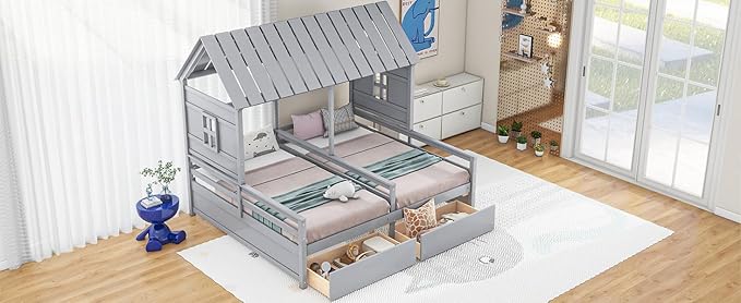 Harper & Bright Designs Twin Size House Platform Beds with Two Drawers for Boy and Girl Shared Beds, Combination of 2 Side by Side Twin Size Beds, Gray