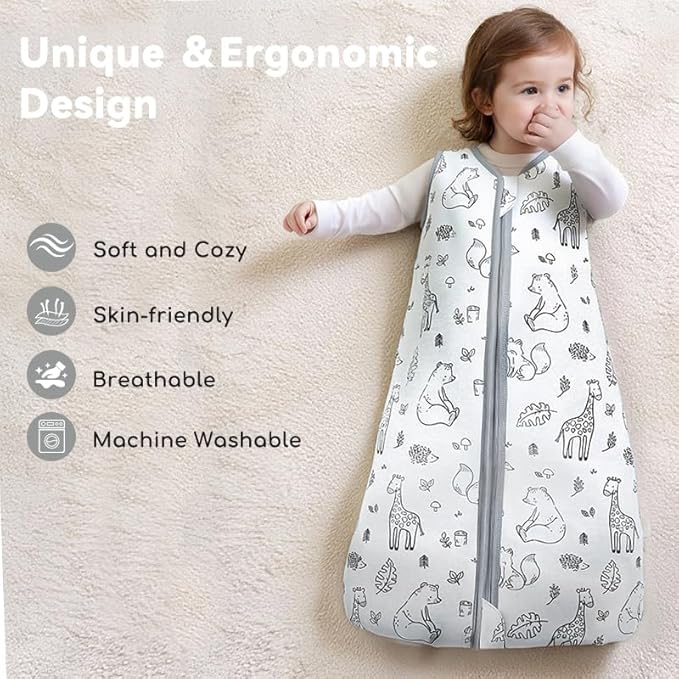 Baby Sleep Sack 12-18 Months 1.5 TOG, 2 Pack Bamboo Baby Wearable Blanket with 2-Way Zipper, Infant Toddler Sleeping Sack for Newborn Boys and Girls, Giraffe Bear