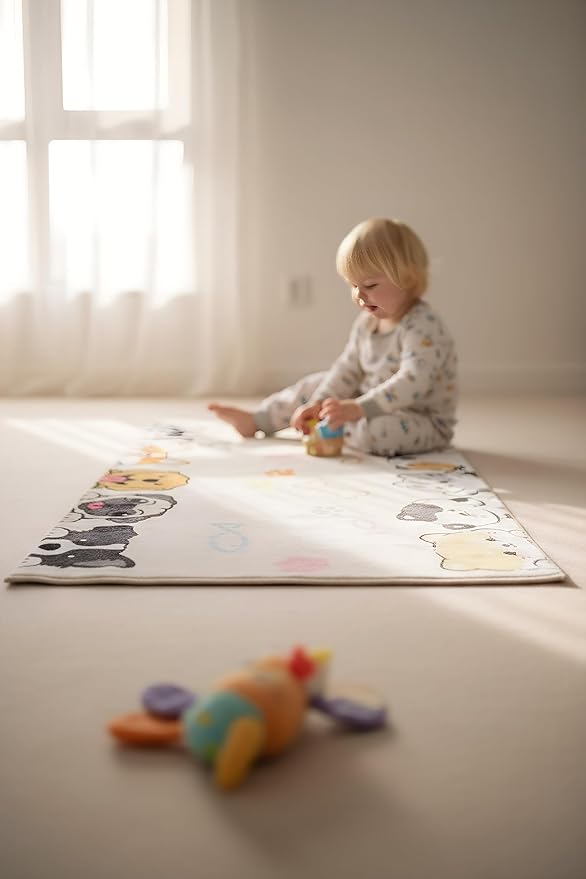 Washable Cute Rugs for Living Room Bedroom Kids Room Decor, 63"x 31.5" Soft Dog Kitty Pattern Carpet Rugs Toddler Nursery Floor Playmat Non-Shedding, Teen Girls Boys Bedside Rug Neutral